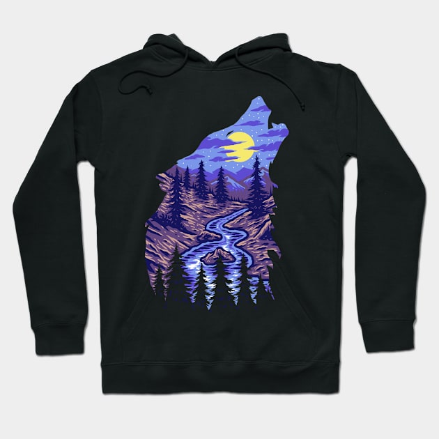 Wolf Silhouette Nature Full Moon Landscape Hoodie by Foxxy Merch